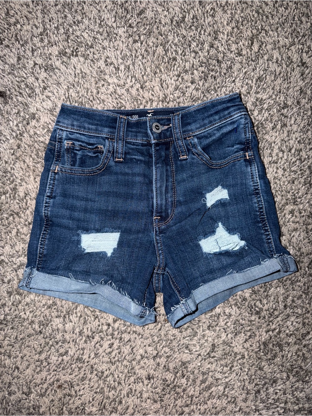 Hollister Dark Blue Distressed Rolled Hem Denim Shorts
